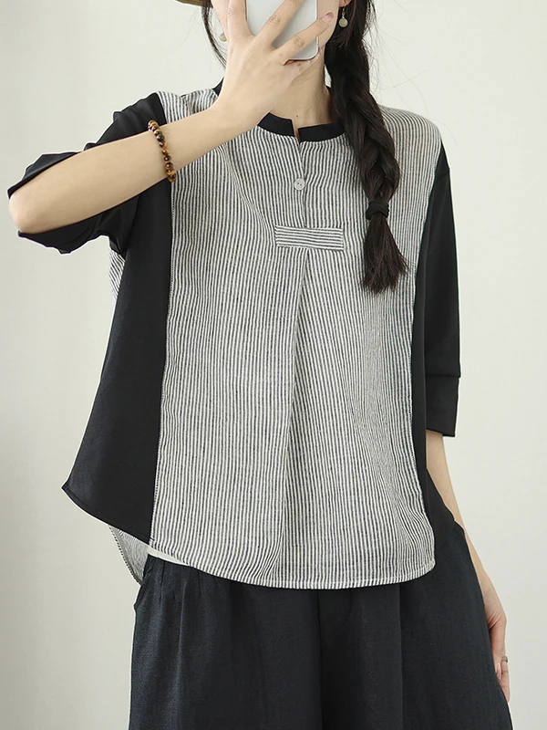 Ele Loose Cotton Linen irt Women's Faionable Vertical Stripes Patchwork Summer Age-Defng Color Blo Charming Top