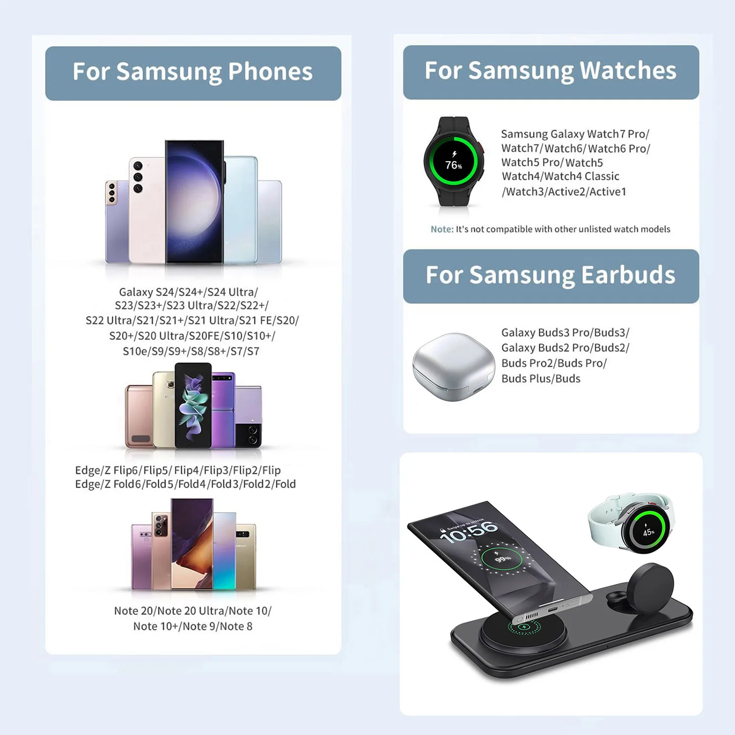 携帯電話用ワイヤレス充電スタンド,急速充電器,デスクスタンド,Samsung s24,s23,Galaxy Watch 7,6つぼみ3,2 in 1