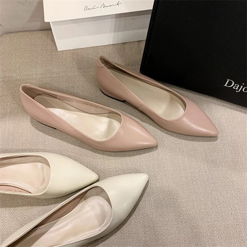 

Pink Pointed Toe Mary Janes Solid Color Women Shoes Summer Thick Heel Flats Soft Sole Leather Zapatos Mujer