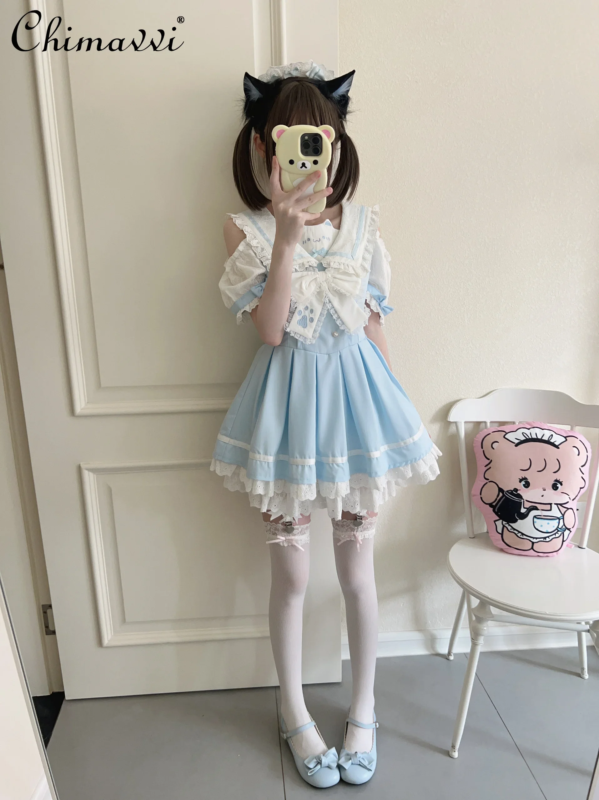 Original Lolita Style Sailor Collar Cute Lace Fitted Waist Bowknot Puff Sleeve Dress Embellished Girly Short Kawaii Women Dress