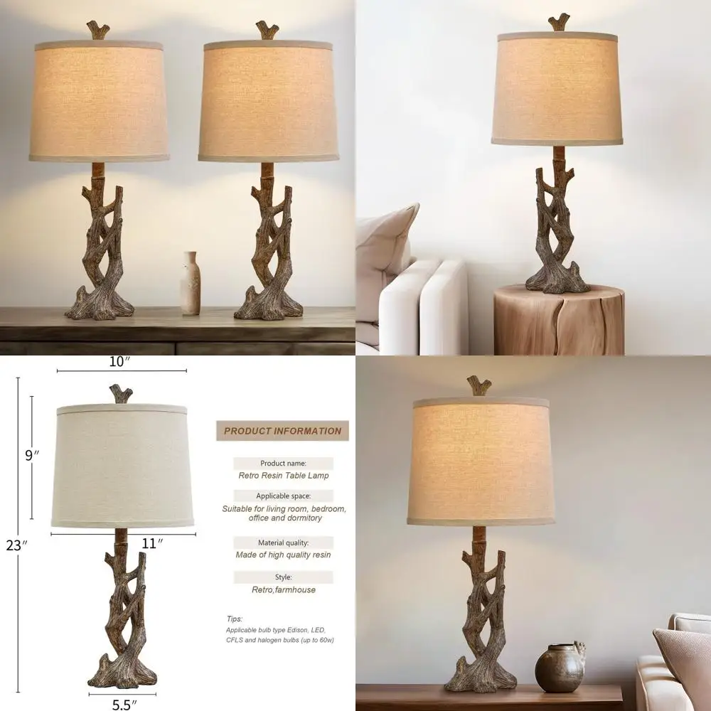 

23 Rustic Farmhouse Table Lamp with Tree Trunk Wood Grain and Oatmeal Fabric Shade for Cottage Charm