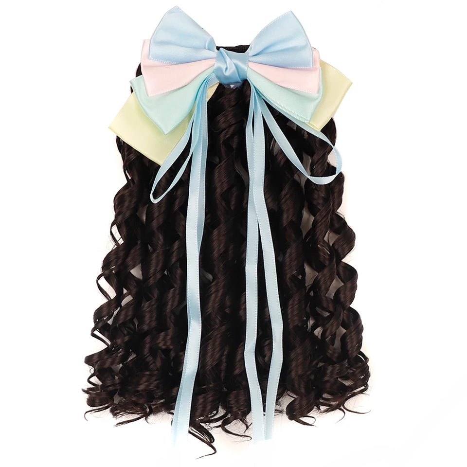 Children\'s Hair Ponytail Clip with Bow Synthetic Black Princess Curly Wig Hairpieces For Kids Evening Party Head Wear Accessorie