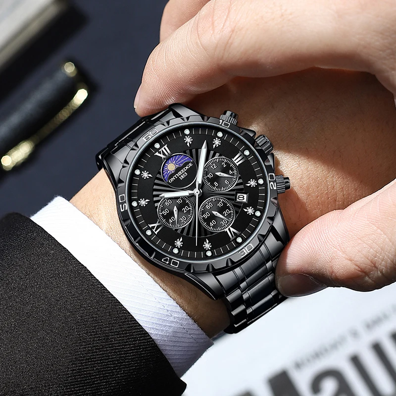 Reloj deportivo de lujo para hombre, cronógrafo de pulsera, resistente al agua, con fecha luminosa, de cuarzo y acero inoxidable