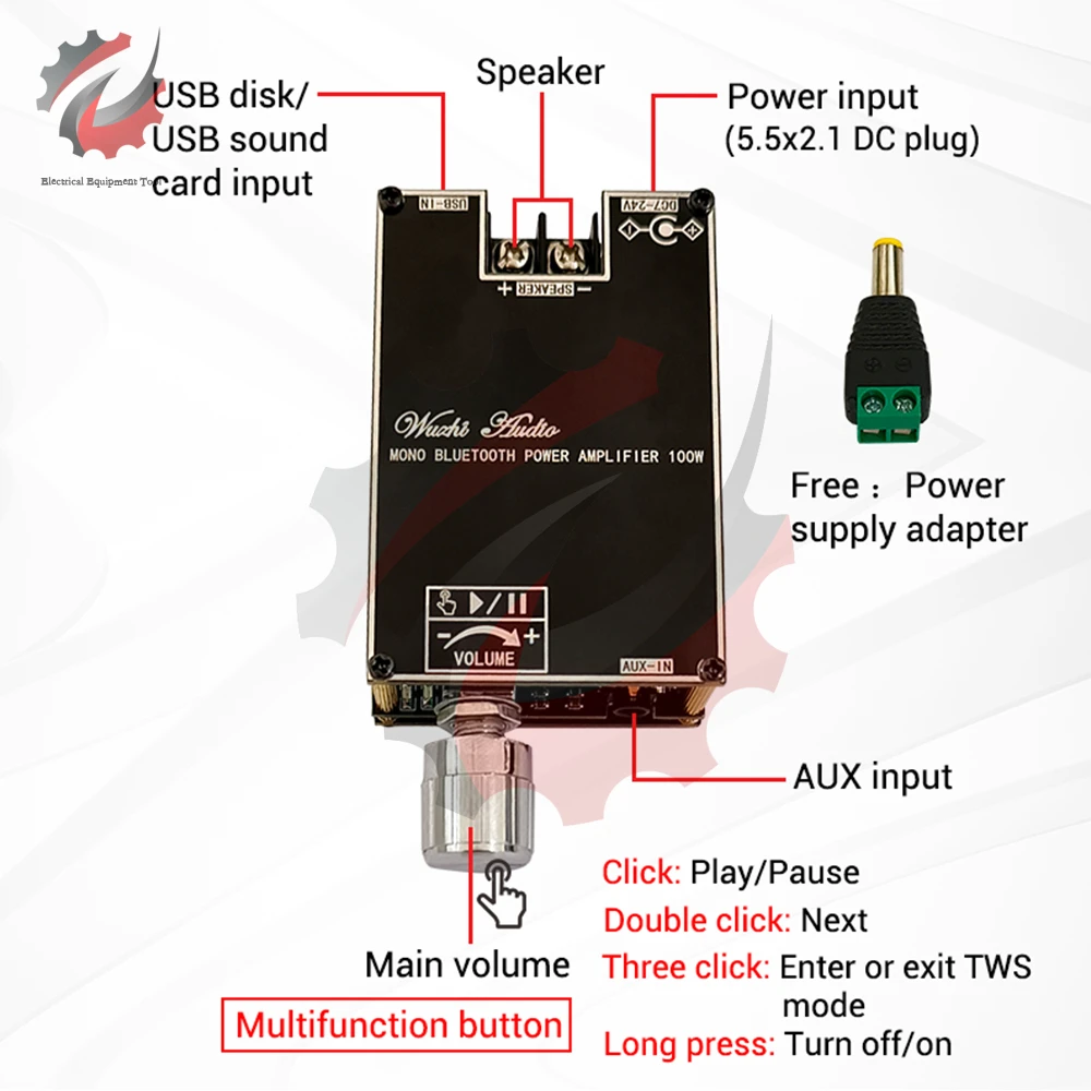 ZK-1001B Mono 100W Bluetooth 5.1 Audio Power Amplifier Module  DC7-24V Power Amplifier Chip TPA3116 With TWS Box Function