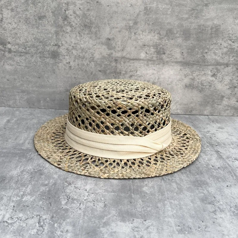 Women's Spring Summer French Flat Top Straw Hat Hollow Beach Vacation Cap
