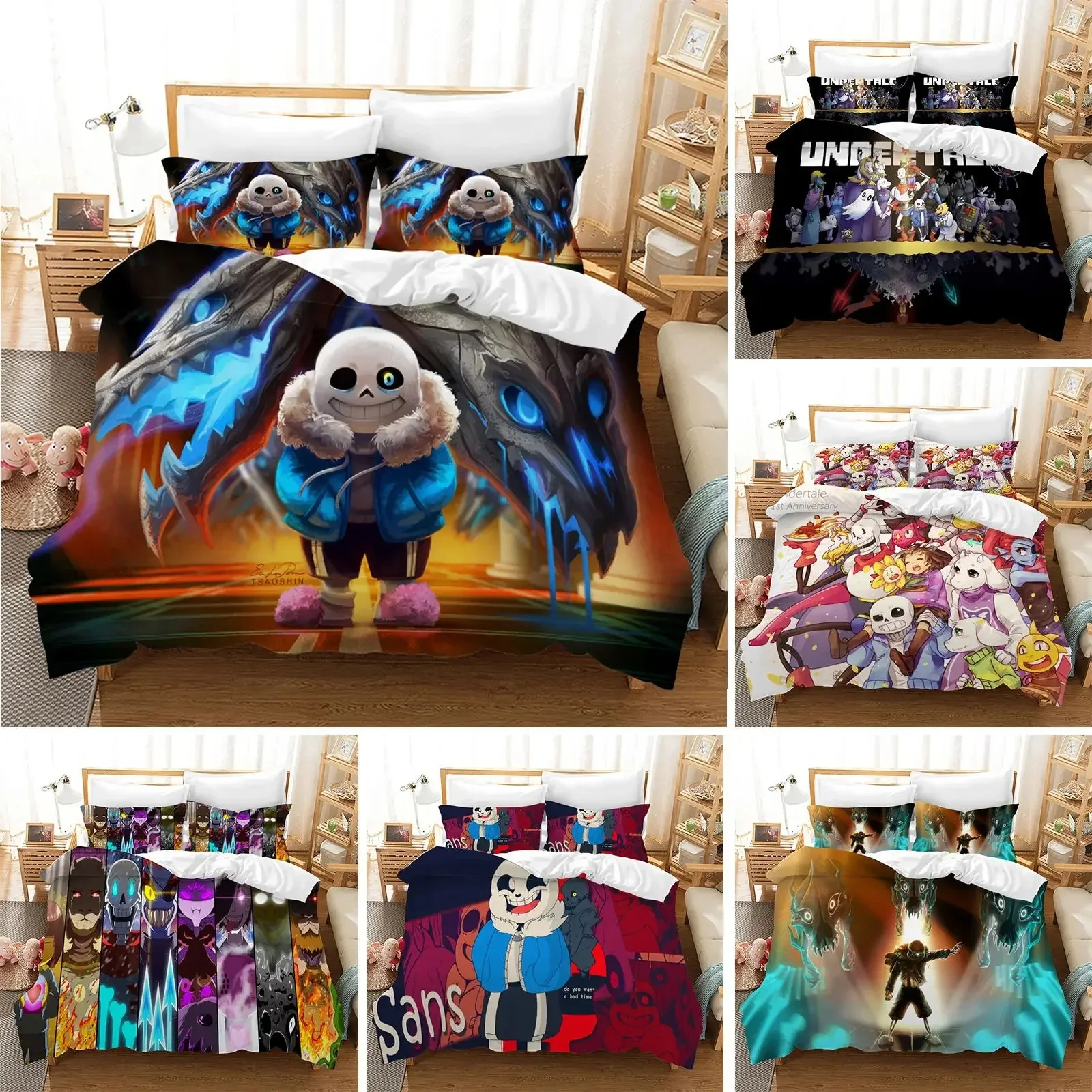 

High Quality 3D Printed Undertale Game Frisk Sans Papyrus Pattern Duvet Cover with Pillow Cover Bedding Set for Bedroom Decor