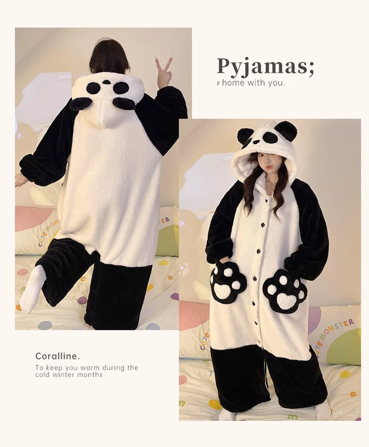 Cartoon Onesies Robe Panda Cosplay Pajamas For Adults Flannel Sleepwear Halloween Party Homewear Panda Women Bathrobe with Pants