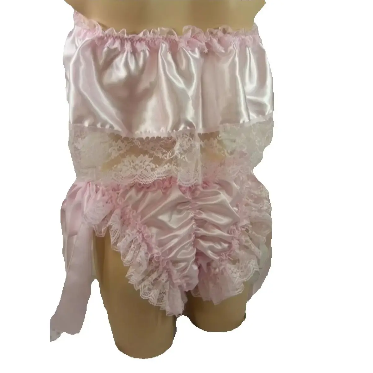 French Sexy Sissy Crossdresser Satin Lace Inlaid Elastic Bow Tie Split Two Piece Set Suitable for Adult Customized Role Playing