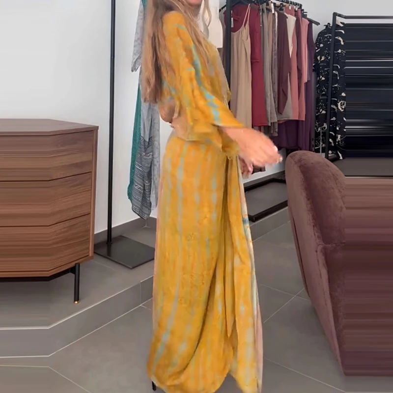 Temperamento manga morcego solto vestido de festa elegante senhora impressão comute amarrar vestido casual com decote em v cintura alta plissado bohe maxi vestido