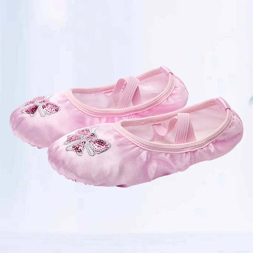 1 Pair Satin Ballet Flats Embroidery Non-Slip Split Sole Kids Dance Shoes For Yoga Jazz Gymnastics Size 28 Pink