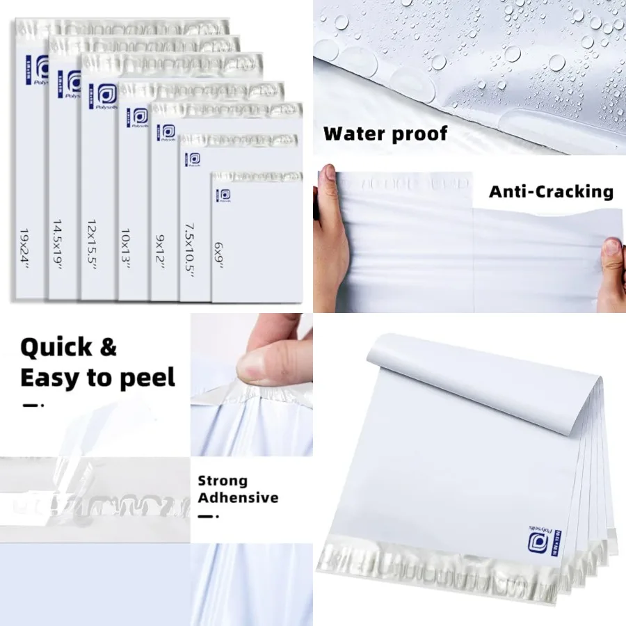 100 pcs 10x13 Inch White x Silver Poly Mailers Shipping Envelopes, Strong Adhesive Sealing, Waterproof, and Tear-resistant Post