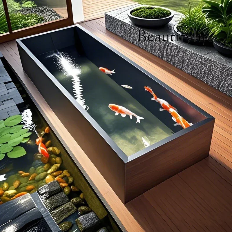 

Balcony fish pond stone rock slab outdoor fish tank koi box courtyard floor-to-ceiling tank turtle tank