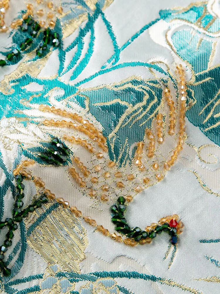 DSFACAIRIJ レディース スタンドカラー ノースリーブ ビーズ ジャカード ミニドレス 中国風 夏 ファッション 女性用