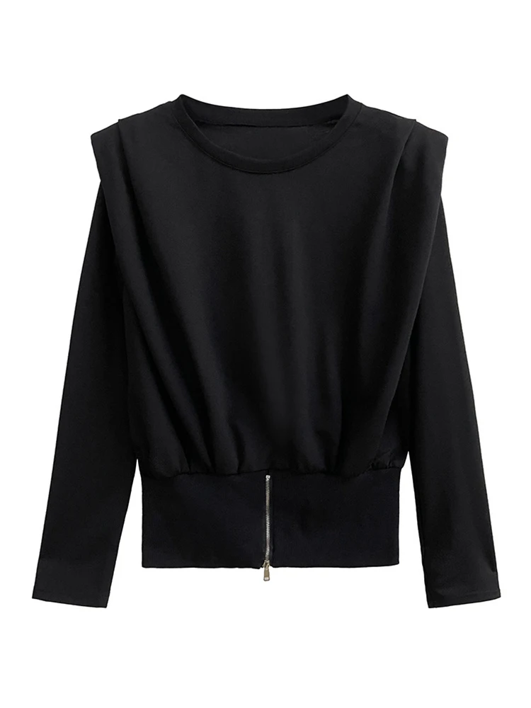 [EAM] Women Black Shouder Paded Short Zipper Big Size T-shirt New Round Neck Long Sleeve  Fashion Spring Autumn 2024 1DH4386