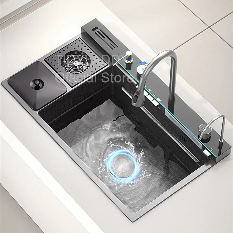 Multifunctional Kitchen Sink Steel Large Single Slot with Trash Can Waterfall Kitchen Sink Faucet Dishwashing Basin Sink