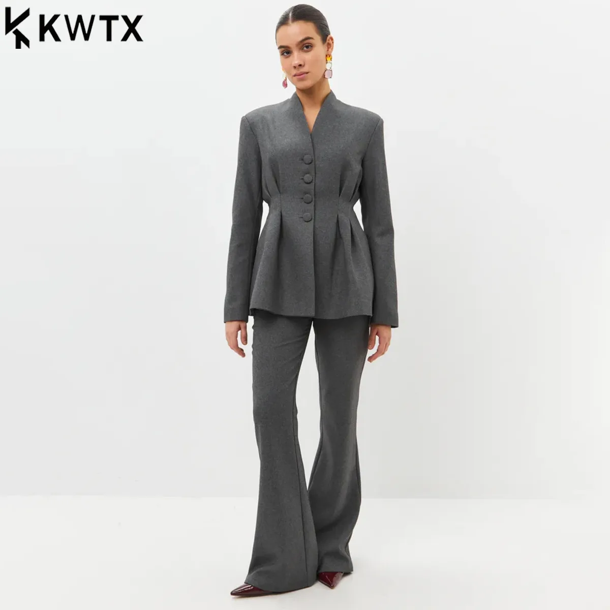 

KWTX 2026 Women’s Tapered Suit Set Lapel Collar Single Breasted Flared Pants Office Formal Business Professional Blazer Outfit