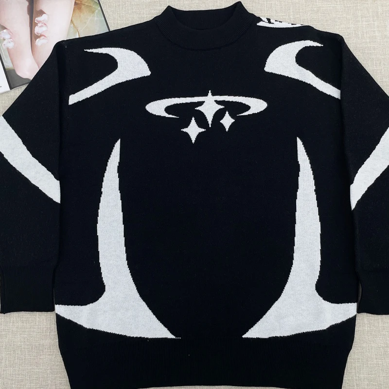 2024 Autumn And Winter New Sweaters Hooded Streetwear Black White Print Long Sleeve Women Men Loose Knitted Elegant Knit Y2k Top