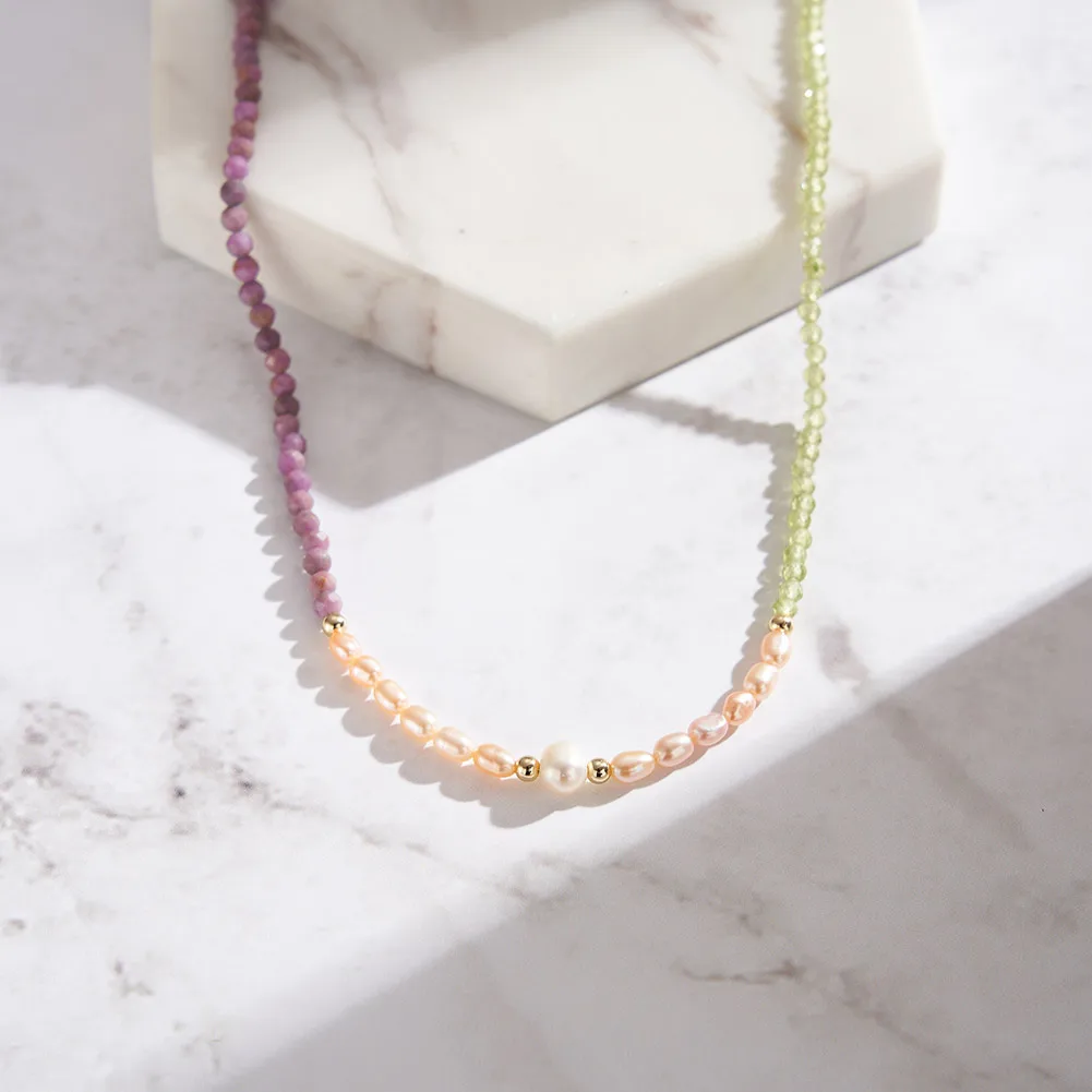 

Ожерелье «Поцелуй Манди Перидот» Позолоченное ожерелье 14 карат с фиолетовой слюдой и жемчугом в стиле барокко, кулон, колье, ожерелье из бисера, подарок MPN06