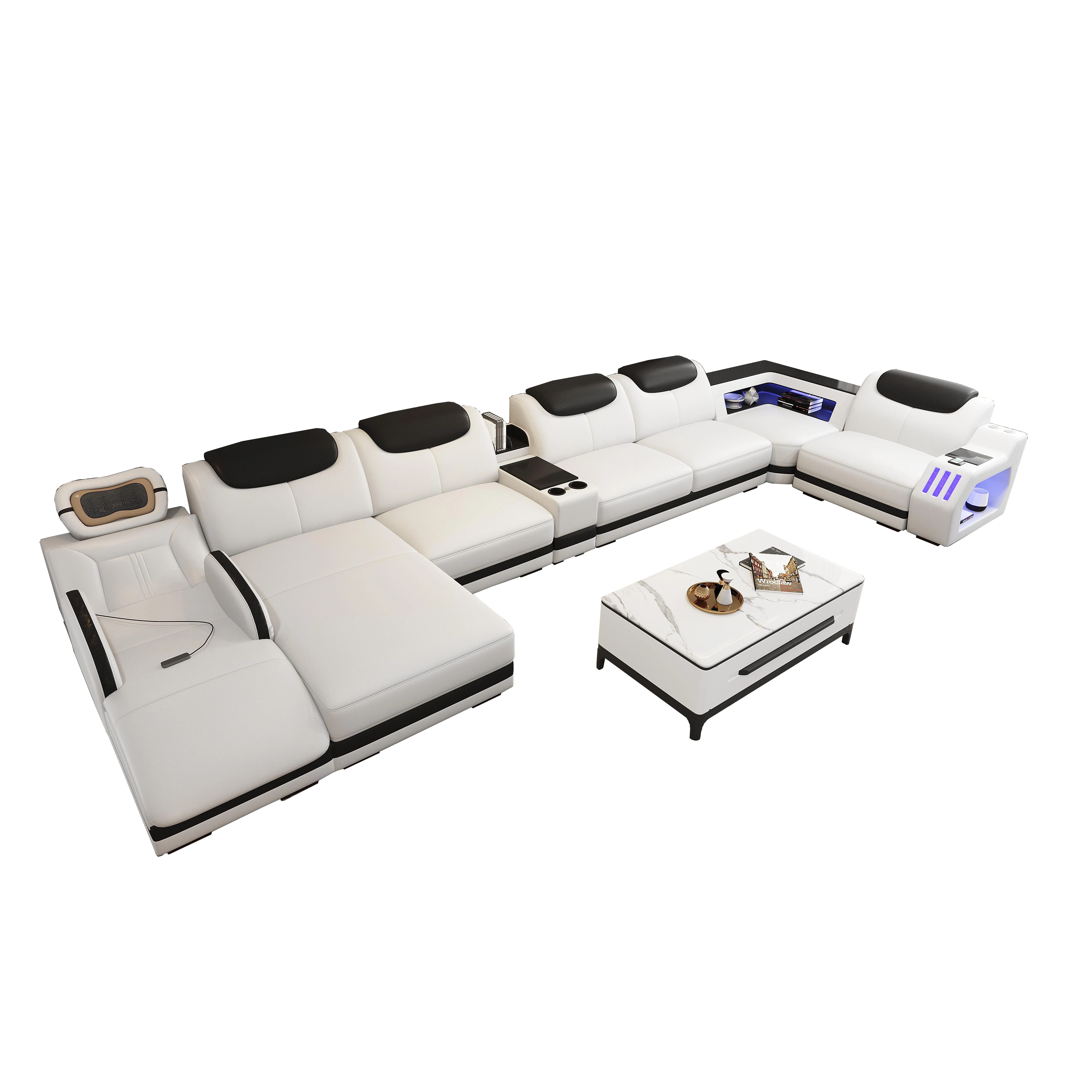 Modern Recliner Couch Set with Adjustable Headrests & LED Lights, Genuine Leather Massage Sectional Sofa Bed with Storage & USB