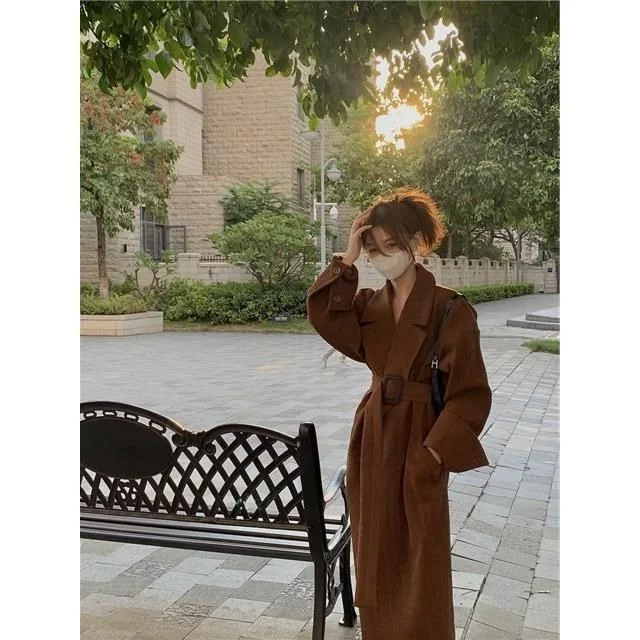 

Womens Twill Texture Blazer Classic Mid Length Coat 2023 Autumn Winter Hong Kong Style Vintage Fashion Trendy Outerwear