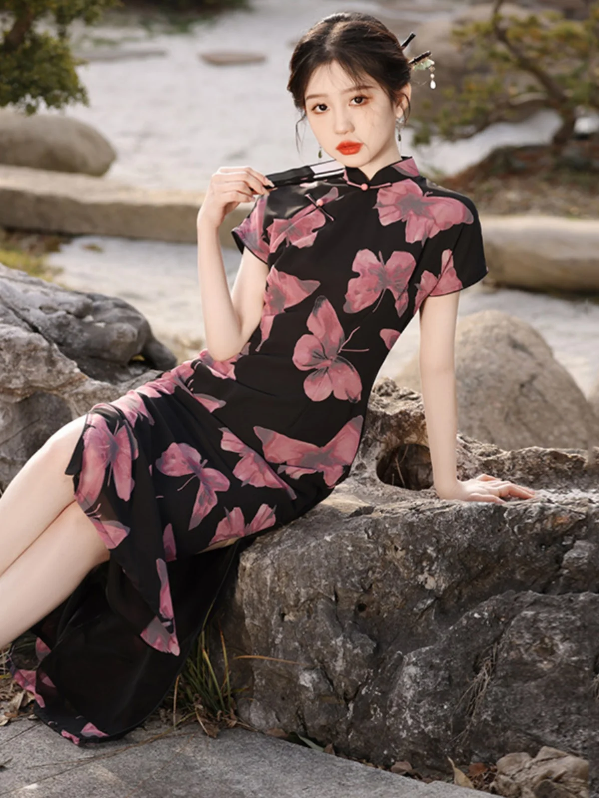 

Женское платье в винтажном китайском стиле с цветочным узором, улучшенного кроя, для повседневной носки, с коротким рукавом