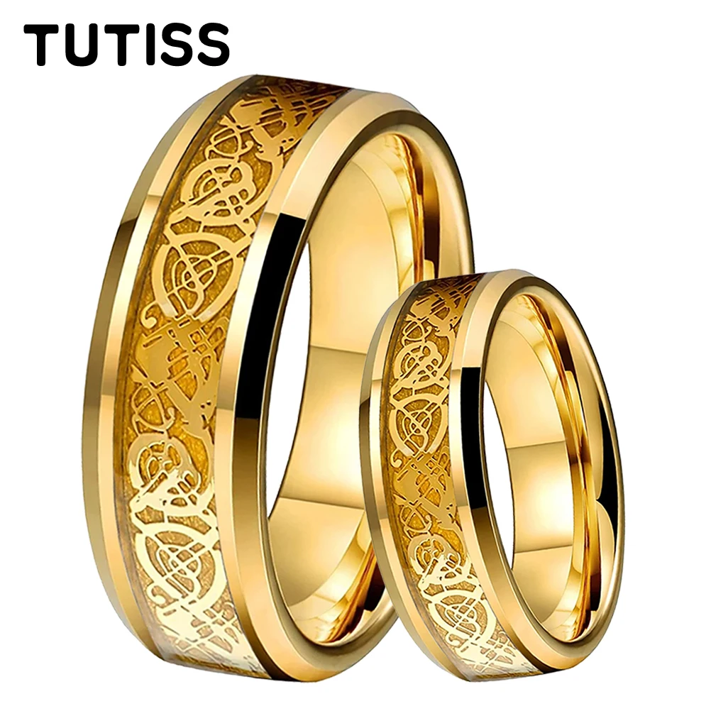 TUTISS 8mm Dragon Inlay Polished Shiny Gold Tungsten Carbide Rings for Men Women Engagement Wedding Band Comfort Fit