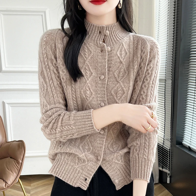 100% Wool Cashmere Cardigan Autumn Winter New Half High Collar Twist Coat High-End Knitwear Sweater Shirt Loose Women Thick Tops