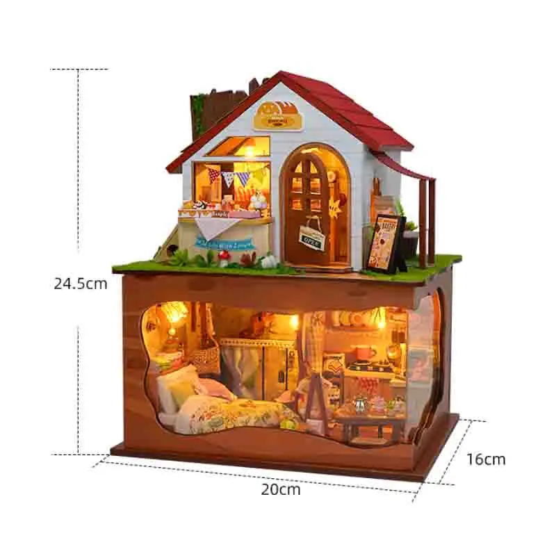 DIY Bakery Store Casa Houten Miniatuur Model Kit 3D Puzzel Poppenhuizen Met Meubels Poppenhuis voor Vrienden Verjaardagscadeaus