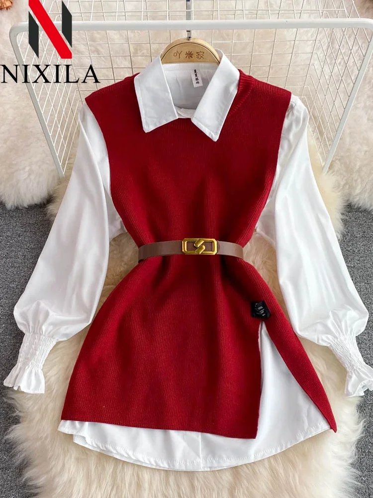 New Autumn Women Fashion Korean Office Lady Lapel Lantern Sleeves White Shirt V-neck Pullover Knitted Vest Casual Two-piece Set