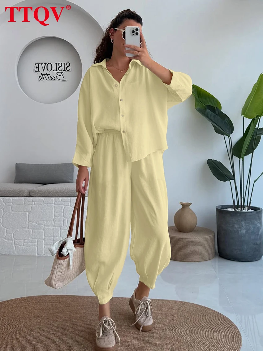 TTQV Fashion Loose Blue Cotton Women's Two Pieces Set Elegant Long Sleeve Shirt With High Waist Wide Pants Set Female Clothing