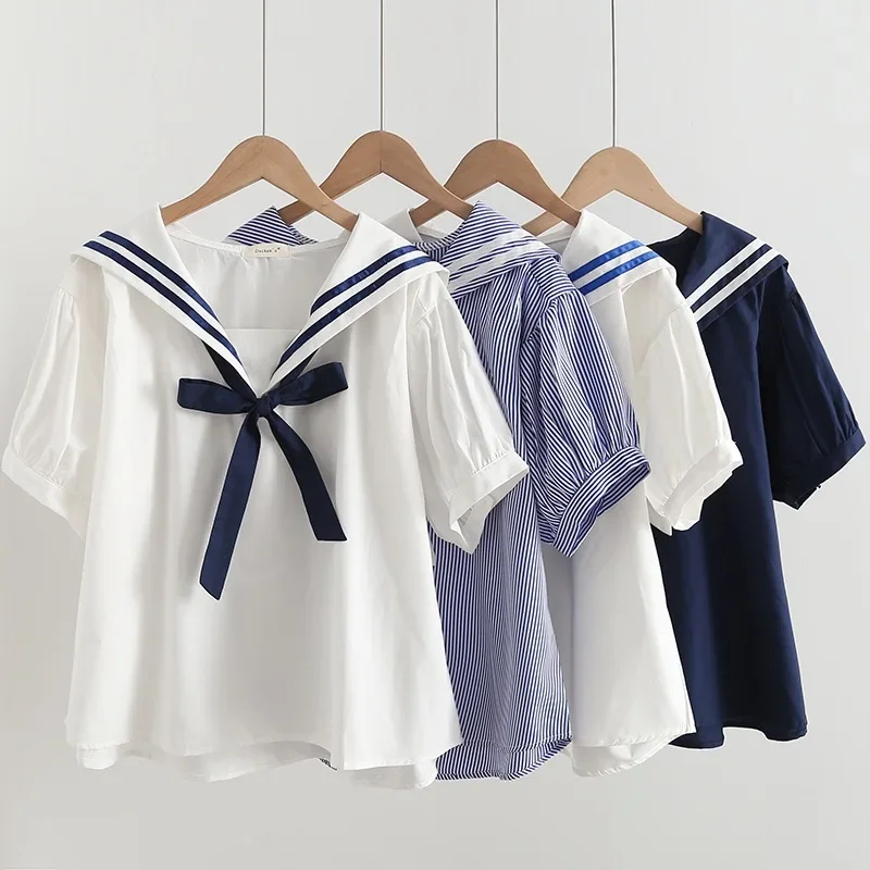 

Japan Style Sweet Mori Girl Sailor Collar School Uniform Shirts Women Y2K Kawaii Short Sleeve Casual Loose Cotton Blouse Tops