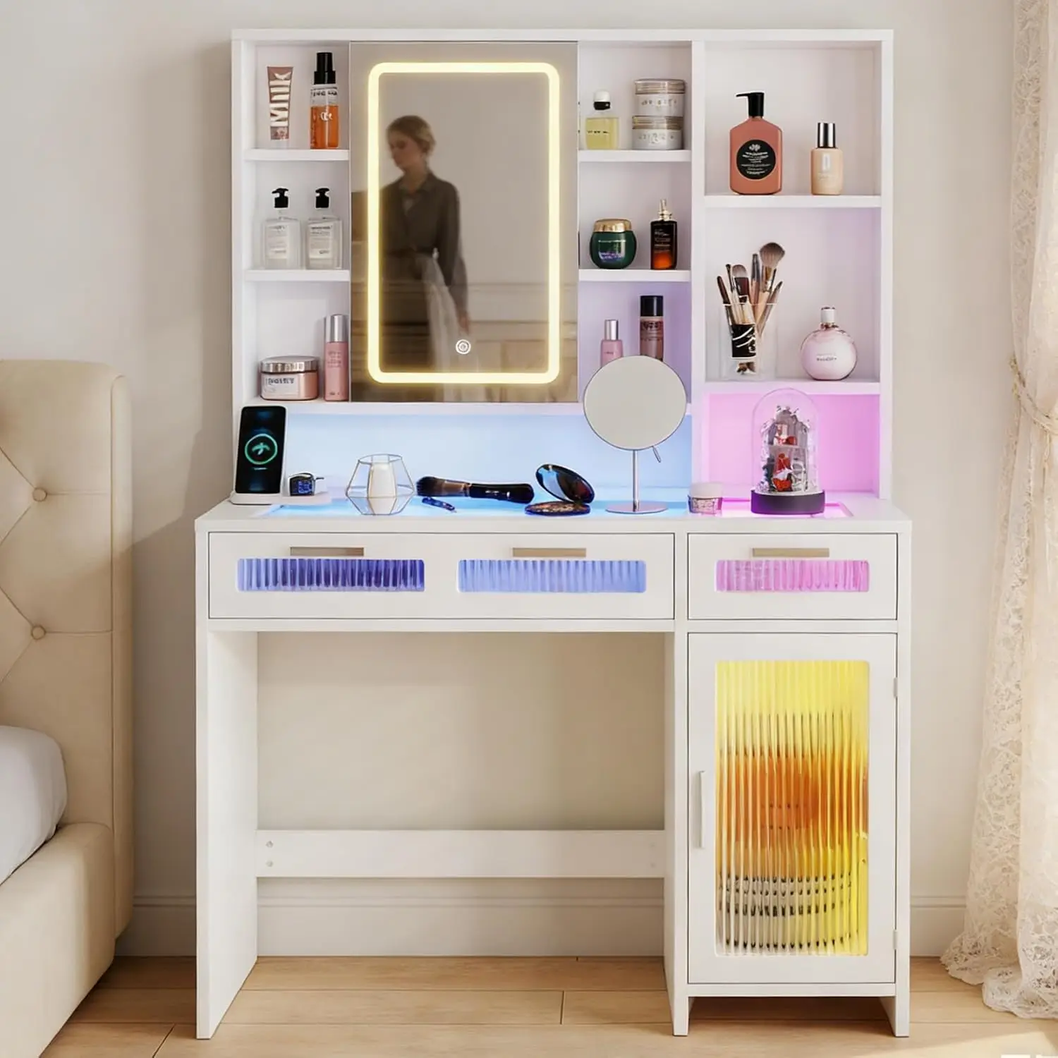 White Vanity Desk with Mirror and Lights, Makeup Vanity with Power Outlet & 10 Shelves, RGB LED Vanity with, Customized