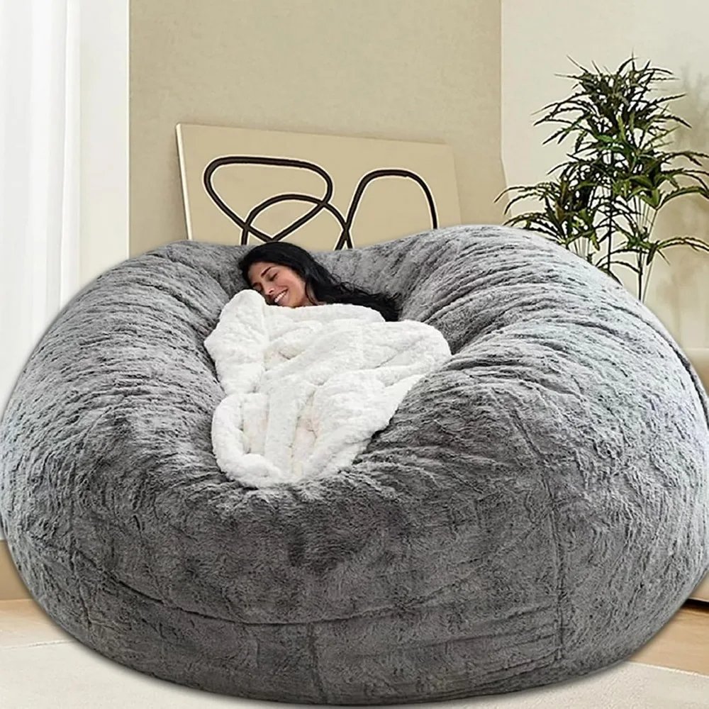 Bean Bag Chair for Adults and Kids - Cozy Fluffy Giant Round Beanbag Sofa Cover, 6FT, Grey