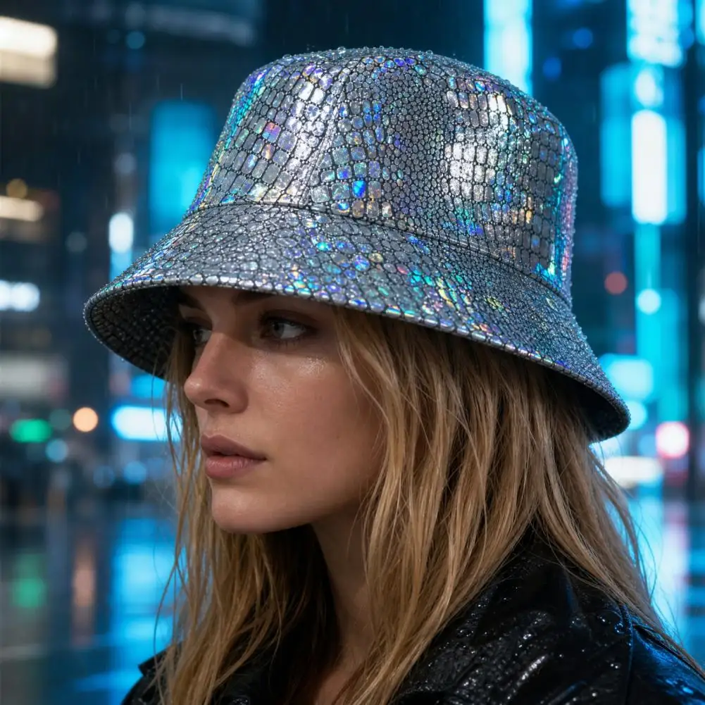 Rainproof Sun Hat Checkered Glitter Hat Shiny Fabric Bucket Hat with Reflective Rainproof Design Colorful Fish Scale Pattern