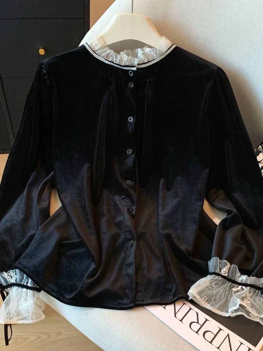 

Ele Velvet Lace Patchwork irt Women's Autumn Winter Faion Ladylike Sle Button up Long Sve round Ne Top