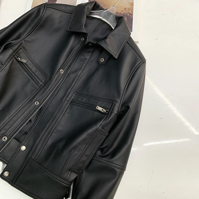 سترة دراجة نارية من جلد الغنم لعام 100% للنساء معاطف سوداء بسحاب معاطف نسائية غير رسمية من الجلد الحقيقي فضفاضة بأكمام طويلة #6