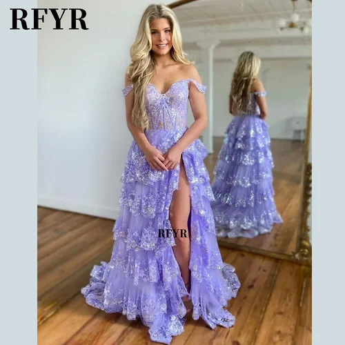Imagen 1 del producto RFYR vestido de noche hinchado con hombros descubiertos, vestidos de fiesta con escote en forma de corazón, vestido de fiesta en capas, apliques, vestido de noche para mujer personalizado