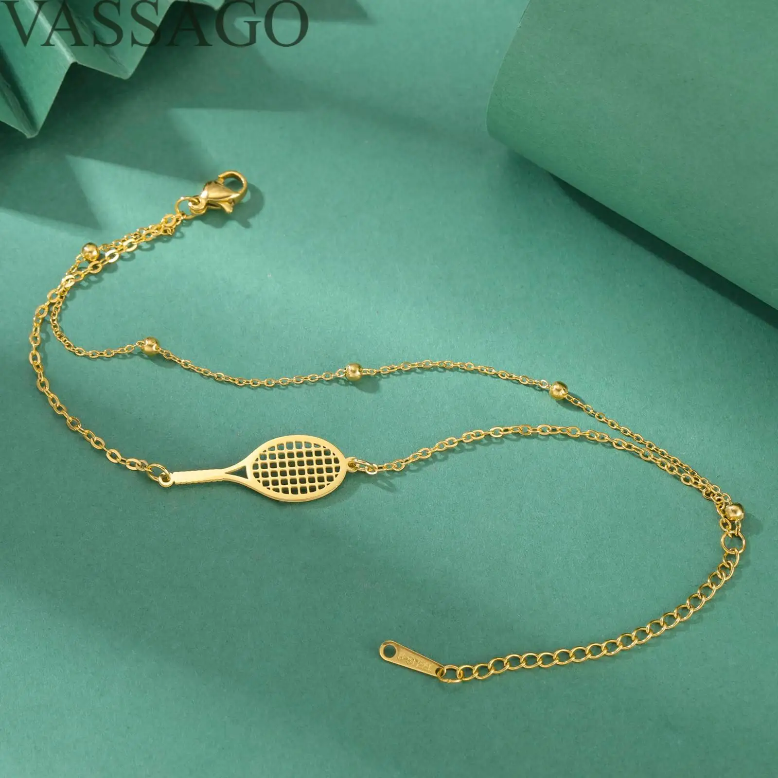 VASSAGO Tennis Racket Bracelet Dainty Adjustable Tennis Racket Charm Layering Sport Bangle Bracelet Lover Jewelry Tennis Gifts