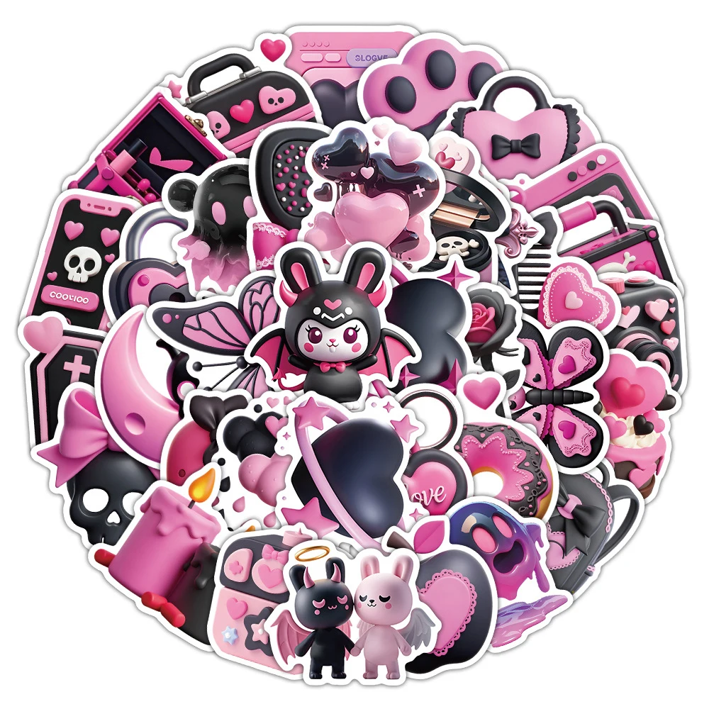 

10/30/50pcs 3D Cute Black and Pink Cartoon Stickers Aesthetic Decals for Skateboard Luggage Notebook Waterproof Graffiti Sticker