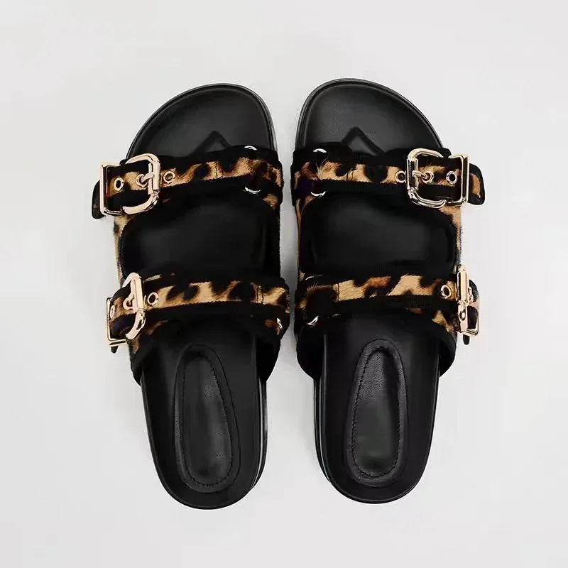 Luxury Designer Summer Women Slippers Open Toe Leisure Seaside Female Slides Metal Buckle Leopard Print Beach Ladies Flat Shoes