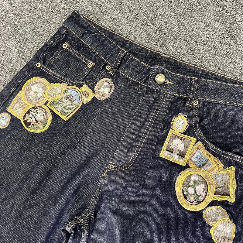 

Retro Hip-hop Personality Embroidery Pattern Classic Casual All-match Denim Pants Derschutze JEANS Men Women Streetwear Pants