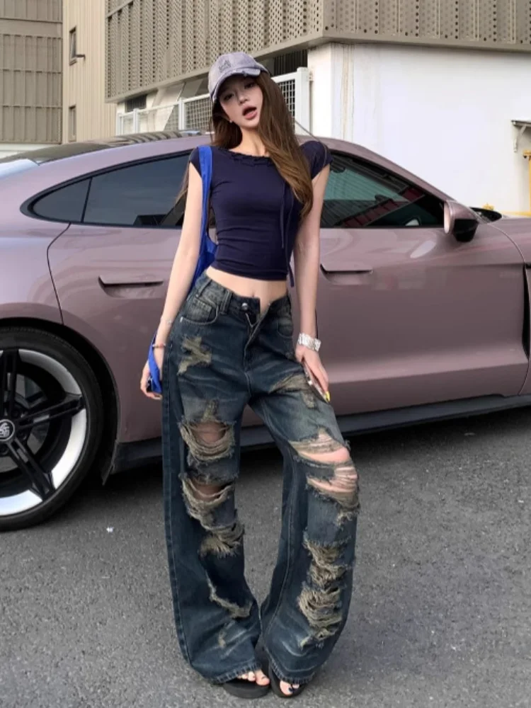 women jeans 2026 Spring Summer American Retro Backless Slim Short Sleeve T Shirt Vintage Distressed Hole Denim Pants Two Outfit