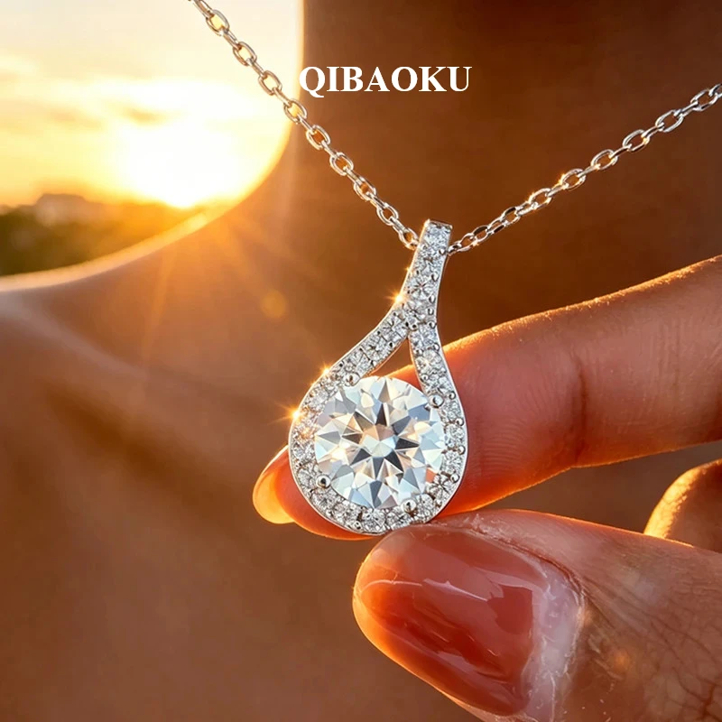 QIBAOKU1-5ct Real Moissanite Necklace for Women Sparkling S925 Sterling Silver Jewelry Water Drop Pendant Girls Birthday 2026