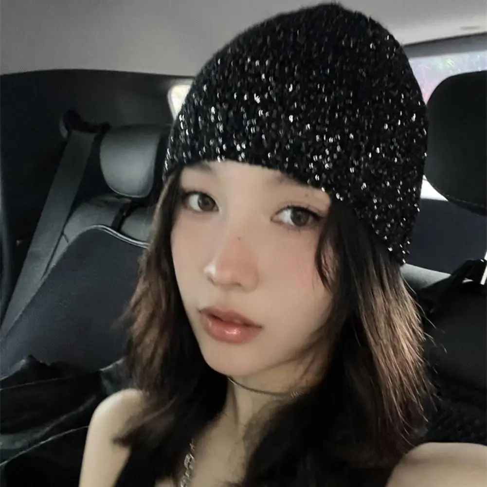 Solid Color Wool Hat Sequin Decor Dome Hip Hop Style Women's Hat with Elastic Band for Large Head Circumference for Outdoor