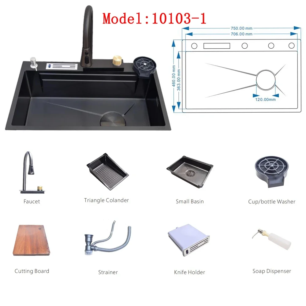 Nanometer Handmade Custom Size SUS 304 Stainless Steel Multi-function Kitchen Sink With Cup Rinser And Tray