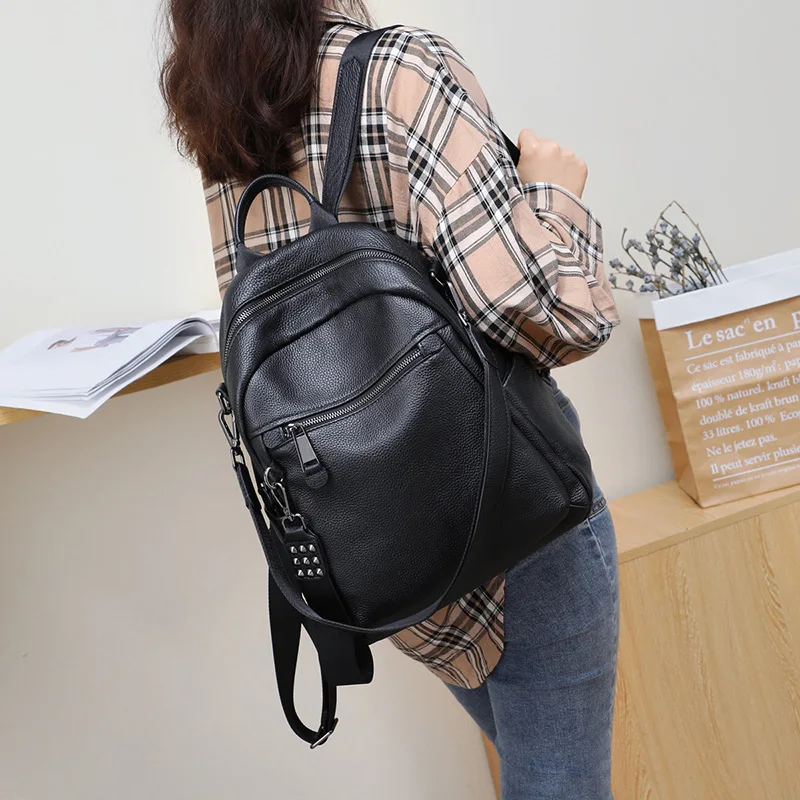 Fashion Leather Leisure Travel Backpack for Women, Large Capacity Trendy Black Backpack