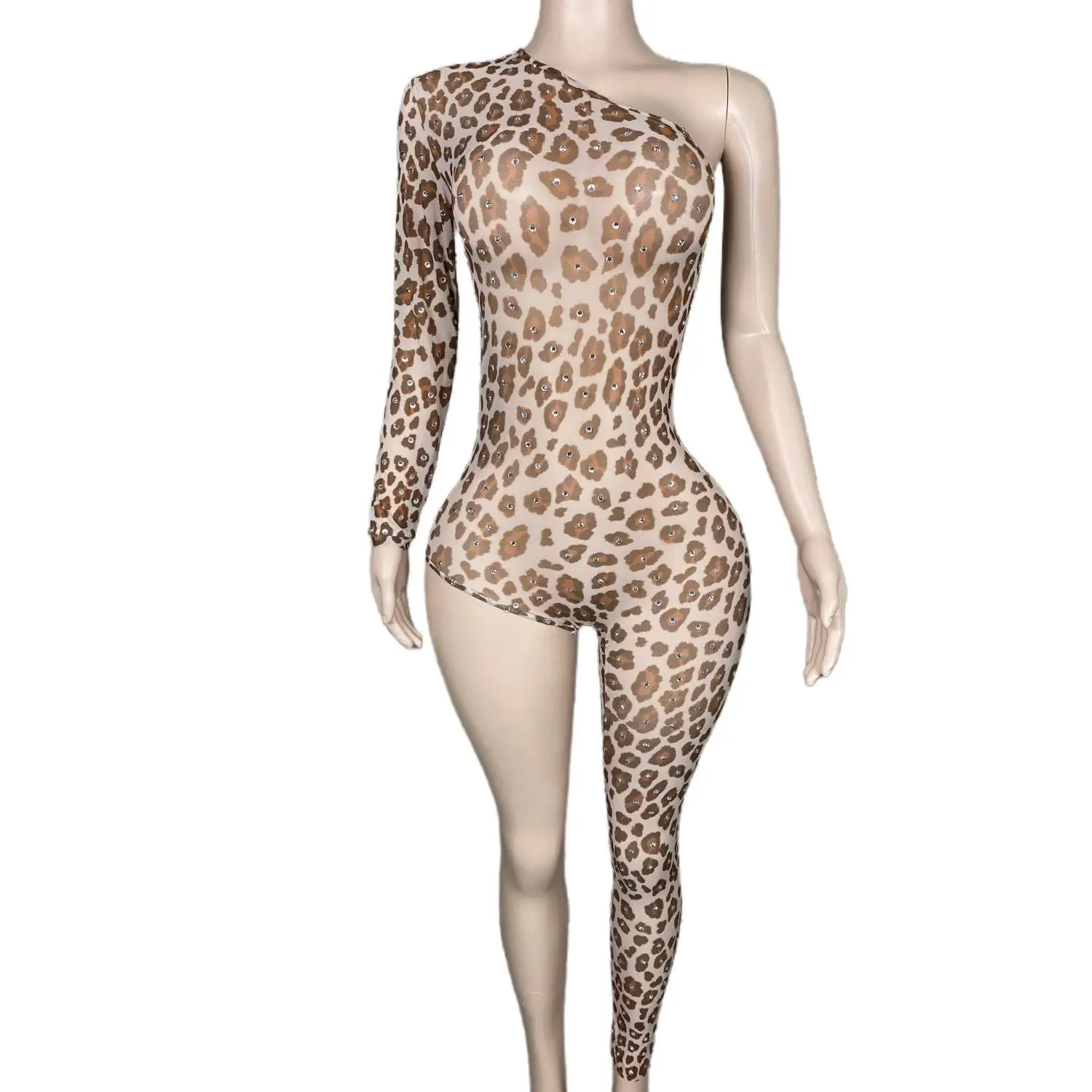 Baowen-mono Sexy con estampado de leopardo para mujer, traje de actuación de diseño Unilateral, traje de fiesta de club nocturno, ropa de escenario de bailarina