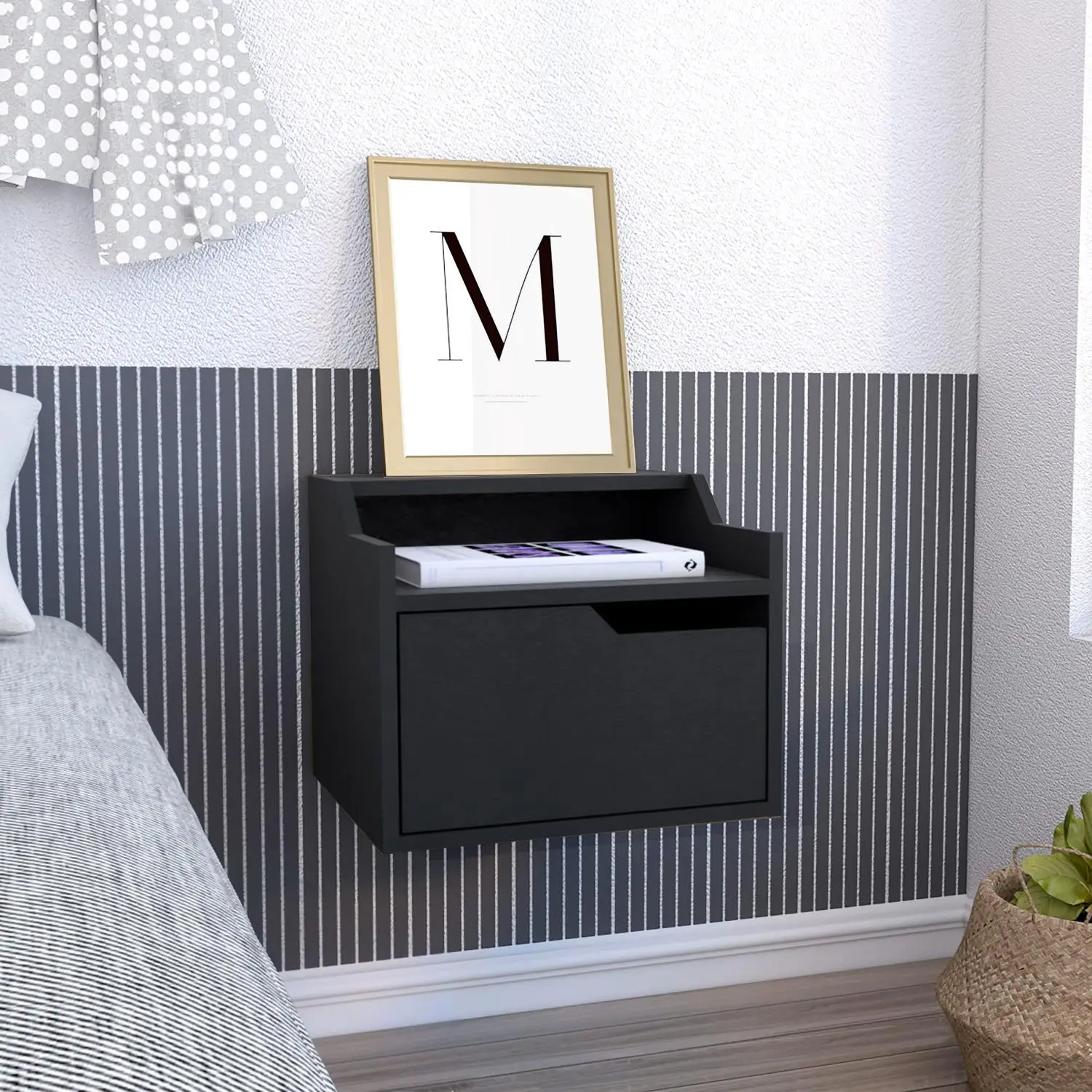 Busan Modern Floating Nightstand, Single-Drawer Design with Sleek Two-Tiered Top Shelf Surfaces Black