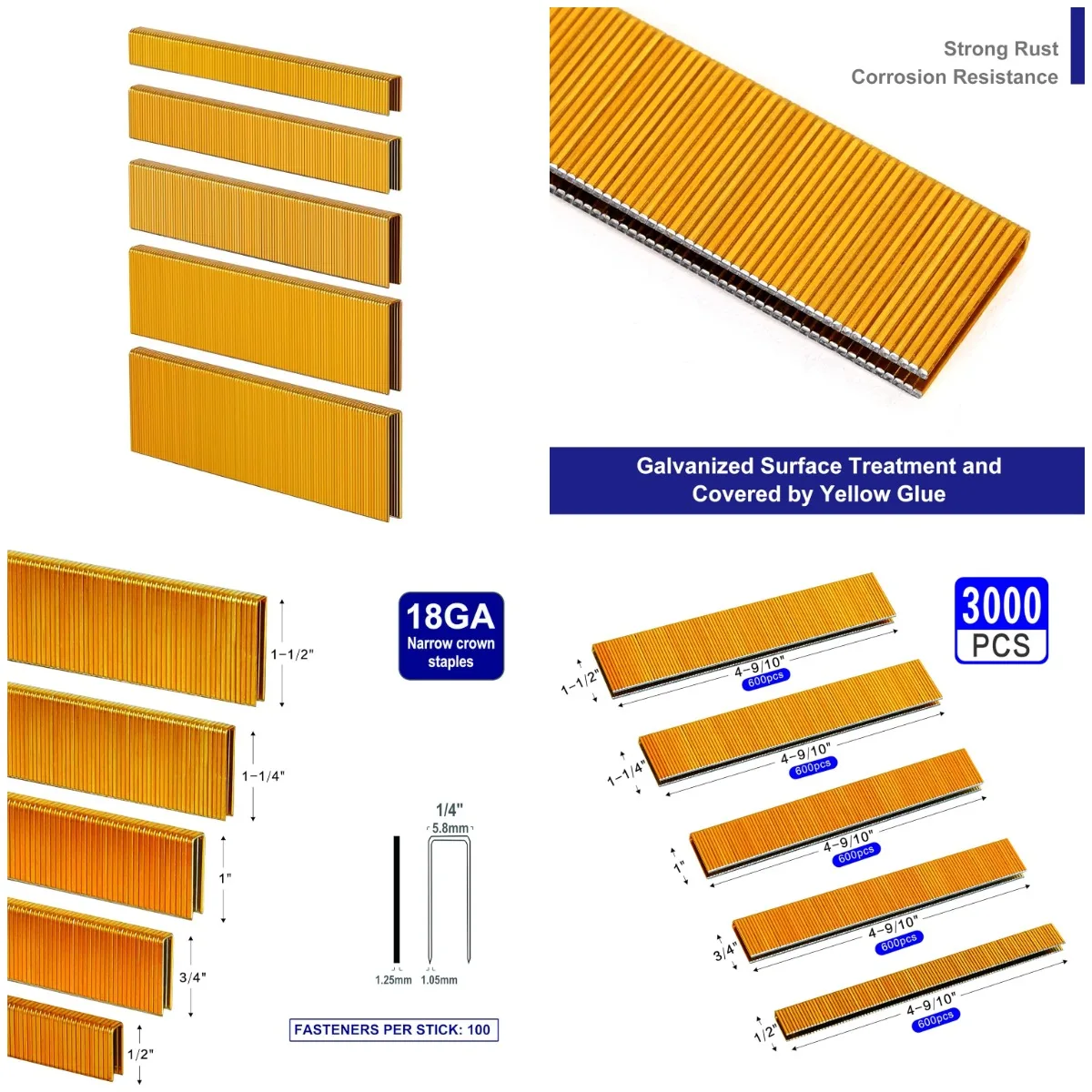 

18 Gauge 3000PCS Narrow Crown Staples, 1/4', Assorted Lengths for 18GA Nail Guns