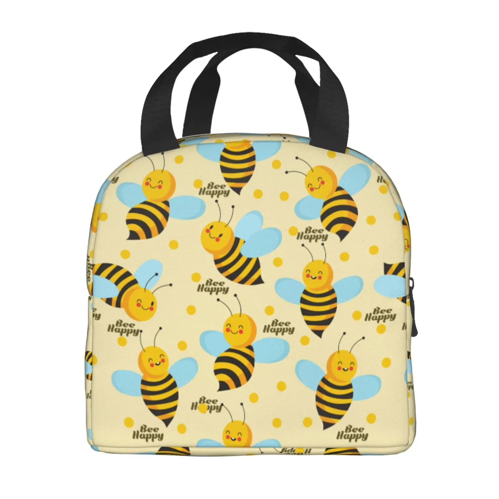 Happy Cute Bee Print Lunch Bag Waterproof Insulated Canvas Cooler Bag Thermal Cold Food Picnic Travel Tote for Women Children